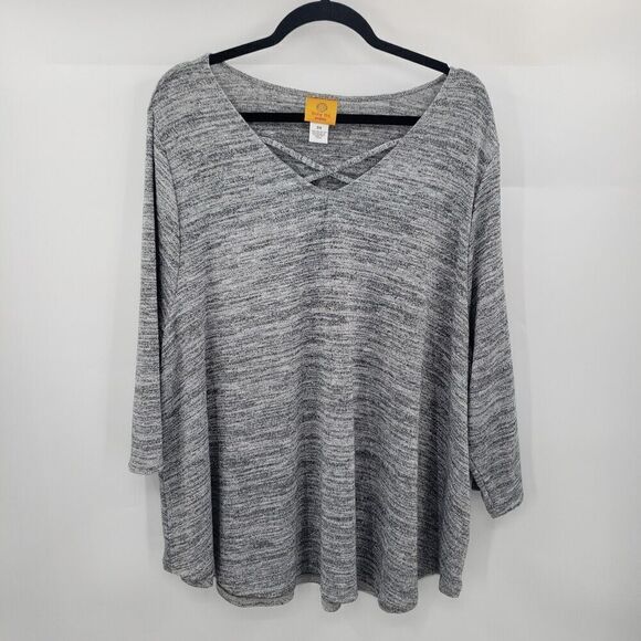 Ruby Rd. 3x Caged Neck Sweater Womens Plus Heathered Gray Black 3/4 Sleeve - Picture 12 of 12